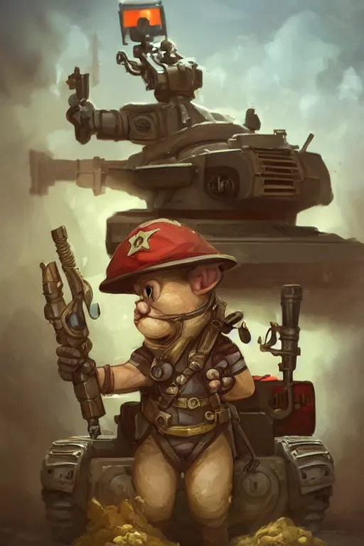 Image similar to cute little anthropomorphic Guinea Pig Tank driver standing next to its tank, tiny, small, short, Tank driver outfit, cute and adorable, pretty, beautiful, DnD character art portrait, matte fantasy painting, DeviantArt Artstation, by Jason Felix by Steve Argyle by Tyler Jacobson by Peter Mohrbacher, cinematic lighting