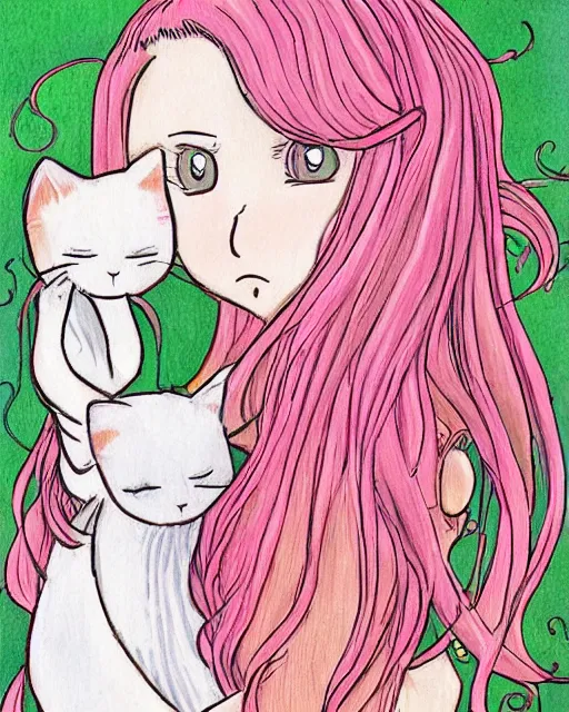 Prompt: a portrait of a young woman with very long pink hair undulating on the wind, light brown eyes, slightly chubby, pale skin, pretty, cute, holding a white cat. by naoko takeuchi