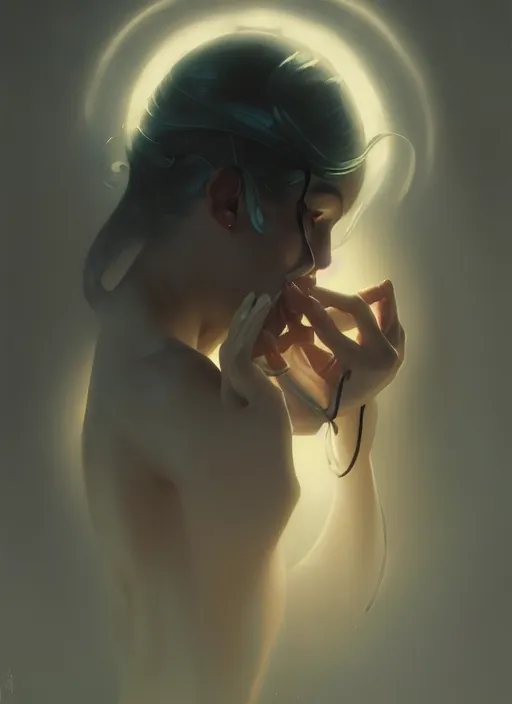 Image similar to leyendecker, abstract foggy girl, goth, ultra high detailed, glowy, sweet night ambient, fog, photorealistic, octane render, photorealistic environment, by greg rutkowski, brom, ferdinand knab, rossdraws, tom bagshaw, alphonse mucha, global illumination, radiant light