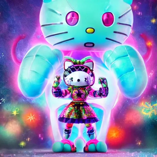 Prompt: a detailed 3 d render of a demonic japanese oni hellokitty mecha robot alien god wearing a raver outfit by lisa frank and cicely mary barker, taiyo matsumoto, myst, beeple, cgsociety, crisp, low angle shot