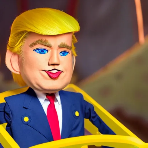 Image similar to a six year old child puppet in the its a small world ride in real life that looks exactly like donald trump, highly detailed, high definition, ultra realistic