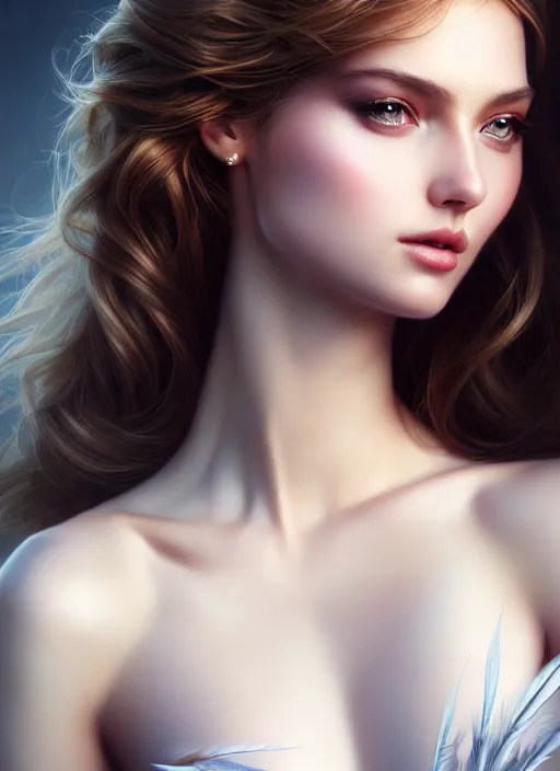 Image similar to a gorgeous female photo, professionally retouched, award winning, hyperdetailed, rendered in vue, soft lighting, feather hair, realistic, smooth face, perfect eyes, wide angle, sharp focus on eyes, 8 k high definition, insanely detailed, intricate, elegant, art by artgerm and greg rutkowski