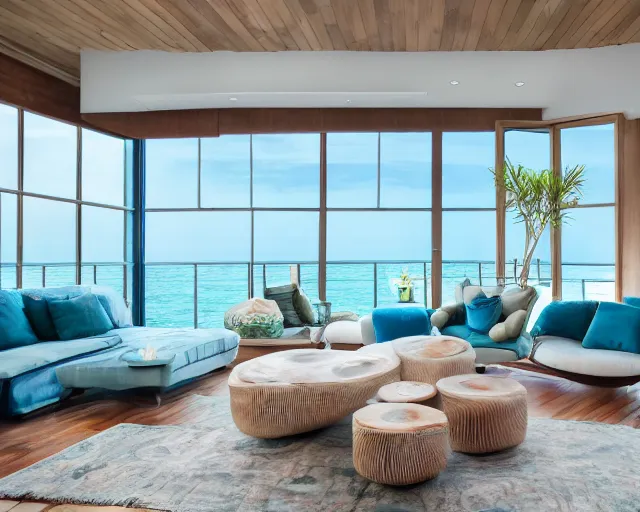 Image similar to A modern living room in a ocean hues style next to a big terrace overlooking the ocean, a luxurious wooden coffee table with large seashells on top in the center, inspired by the ocean, calm, relaxed style, harmony, wide angle shot, 8k resolution, ultra detailed