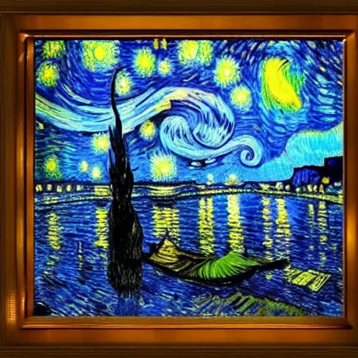 Image similar to a bottle on display filled by the sky painting by van gogh starry night, by van gogh