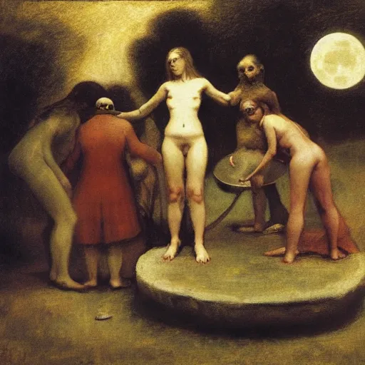 Image similar to witches gather around a moon shaped pool, by Odd Nerdrum, by Francisco Goya, oil on canvas, beautiful, eerie, surreal, colorful