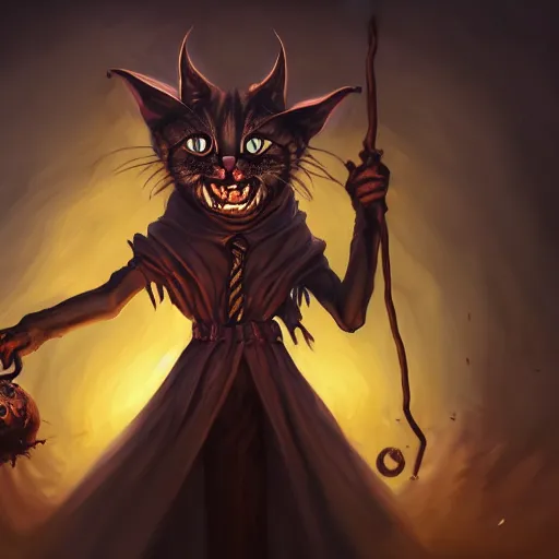 Prompt: Oil Painting of Cat Witch, Anthropomorphized, evil grin , magic the gathering artwork, horror, D&D, fantasy, cinematic lighting, centered, symmetrical, highly detailed, digital painting, artstation, concept art, smooth, sharp focus, illustration, volumetric lighting, epic Composition, 8k, art by Akihiko Yoshida and Greg Rutkowski and Craig Mullins, oil painting, cgsociety