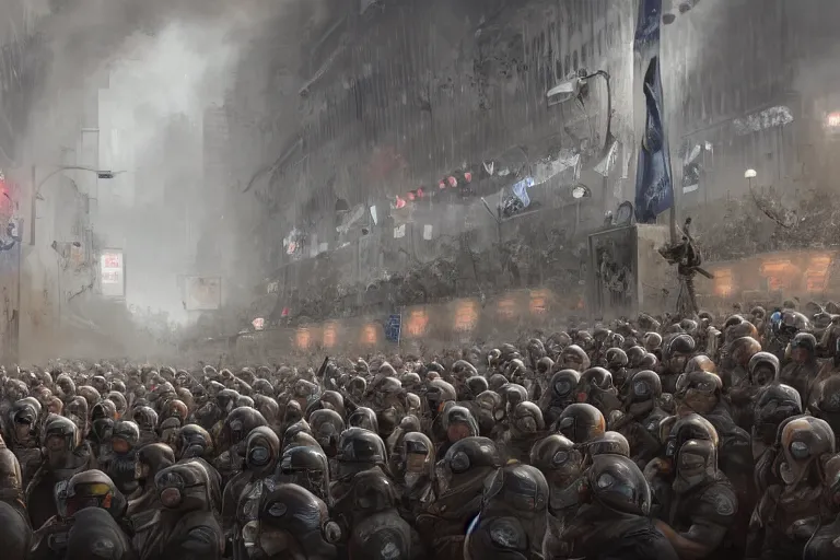 Prompt: police lined up, standing against the crowd of protesters with blank posters, concept art, intricate details, highly professionally detailed, cgsociety, highly detailed -
