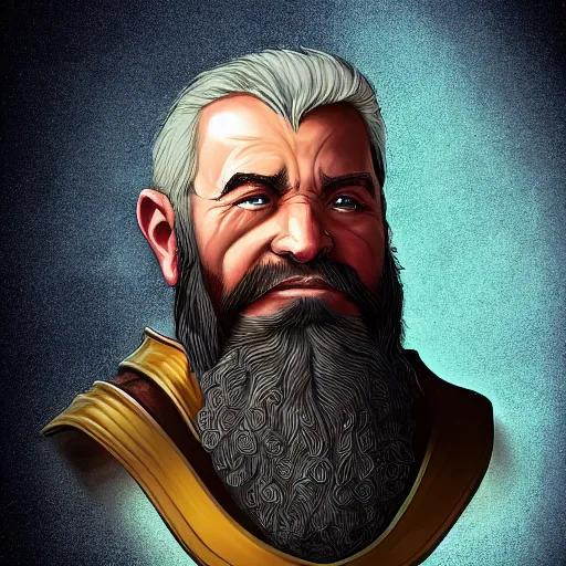 Image similar to portrait, 40 years old :: fantasy dwarf, thin :: beard, brown eyes, short pure white hair :: full plate armor litely golden :: high detail, digital art, RPG, concept art, illustration