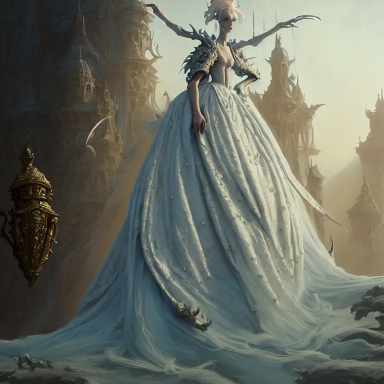 Prompt: portrait of a baroque princess dress from the fantasy world for the dragon queen atey gailan, greg rutkowski, greg tocchini, james gillard, joe fenton, kete butcher, dynamic lighting, gradient light blue, brown, light cream and white colors, grunge aesthetics, detailed and complex environment