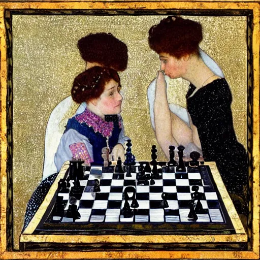 Image similar to two young edwardian women playing chess, in the style of Gustav Klimt