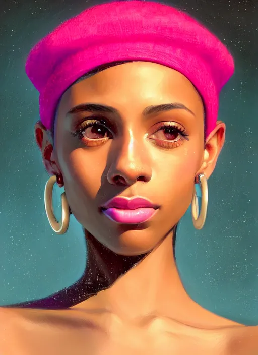 Image similar to portrait of teenage vanessa morgan with bright pink hair, black girl, vanessa morgan, curly pixie cut hair, wearing newsboy cap, newsboy cap, hoop earrings, intricate, elegant, glowing lights, highly detailed, digital painting, artstation, concept art, smooth, sharp focus, illustration, art by wlop, mars ravelo and greg rutkowski