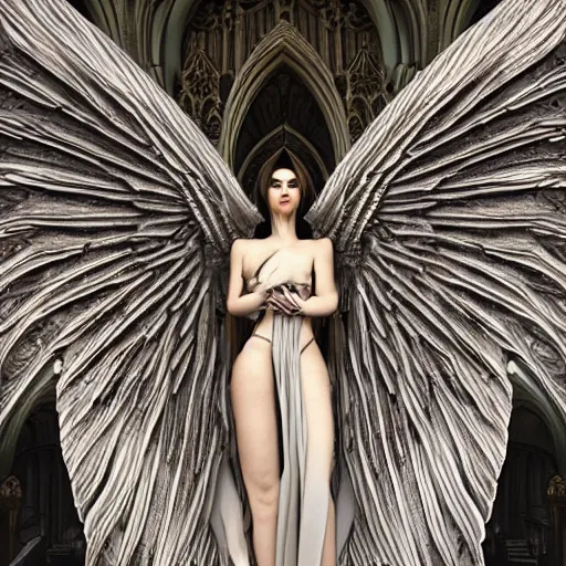 Prompt: portrait of a tall female angel, wings, shrouded, veiled, ornate cyberpunk armor :: ornate cyberpunk interior, ruins, high arches, cyberpunk cathedral, Cathedral, 8K, trending on artstation, volumetric light, lightrays, smoke, cinematic, atmospheric, octane render, insanely detailed and intricate, hypermaximalist, elegant, ornate, luxury, elite, by James Jean, hyper realistic, super detailed, golden ratio