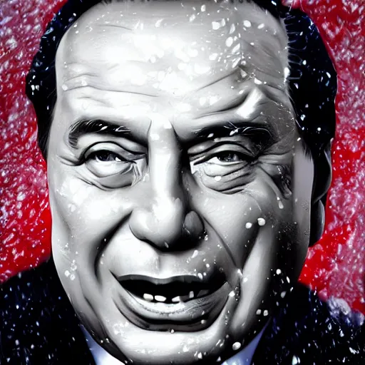 Prompt: Silvio Berlusconi covered in snow on face, open mouth close up, trending on artstation