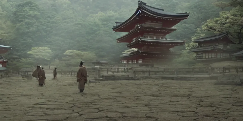 Image similar to a film still of a japanese samurai temple in a japanese blockbuster film, landscape, shallow depth of field, cinematic, award winning cgi, vfx, film still