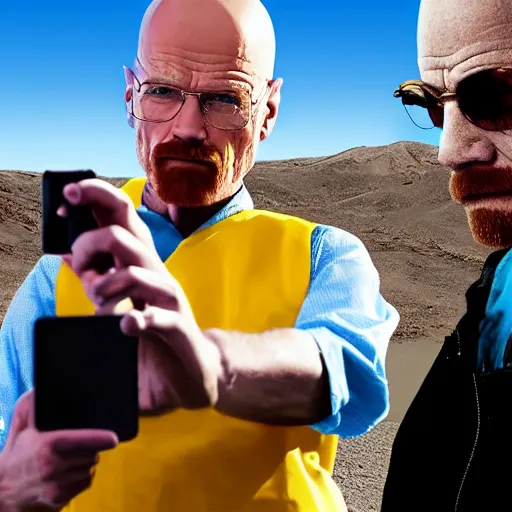 Image similar to A still of Jerma taking a selfie with Walter White in Albuquerque, New Mexico with a yellow filter, real life, hyperrealistic, ultra realistic, realistic, highly detailed, epic, HD quality, 8k resolution, body and headshot, Trending on Artstation, very realistic