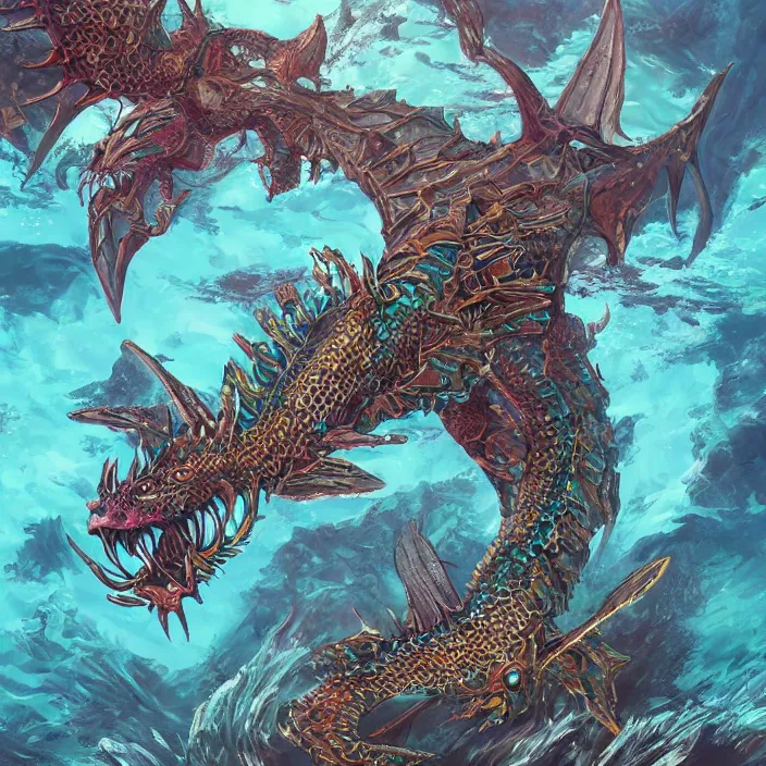 Prompt: underwater sea dragon full body, d & d style, trending on artstation, intricate, highly detailed, vivid painting, colorful, art by yugin maffioli