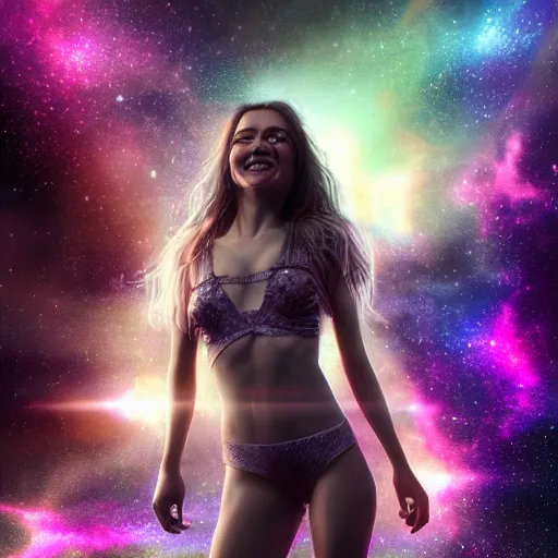 Image similar to full body pose, hyperrealistic photograph of the stardust in her smile, dim volumetric lighting, 8 k, octane beautifully detailed render, extremely hyper detailed, intricate, epic composition, cinematic lighting, masterpiece, trending on artstation, very very detailed, stunning, hdr, smooth, sharp focus, high resolution, award, winning photo, dslr, 5 0 mm