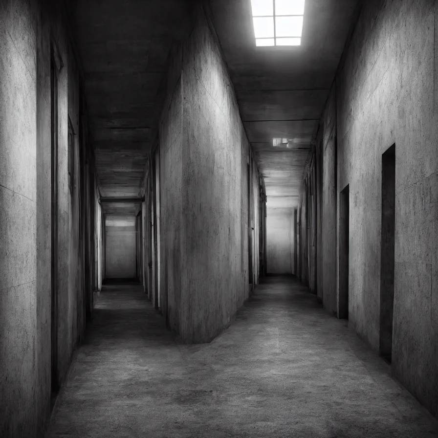 Image similar to dark and dim corridor, haunted, long exposure, detailed, hyper realistic, photorealism, ultra wide angle view, cinematic, peaceful, volumetric lighting