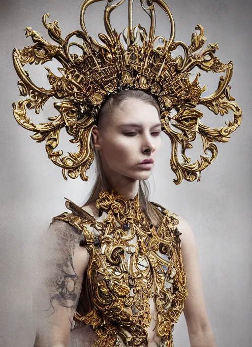 Image similar to a portrait of female model by stefan geselle and nekro borja, photorealistic, intricate details, hyper realistic, fantasy, elegant, ornate metal gold headpiece, photorealistic, canon r 3, photography, wide shot, symmetrical features, wide angle shot, head to toe, standing pose, feet on the ground, studio background