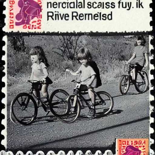 Image similar to realistic photograph from the 1980's of kids riding bikes in Australia near a river carrying a stamp collection with a speech bubble saying yeeeee!