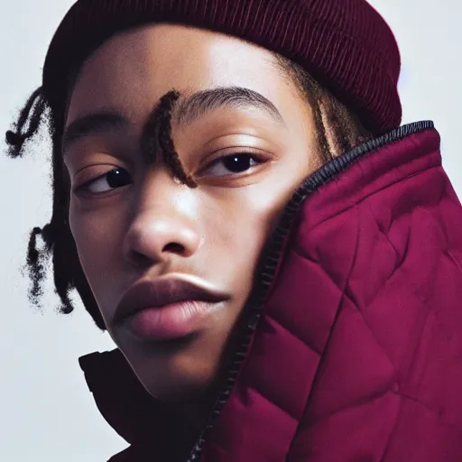 Image similar to realistic photoshooting for a new balenciaga lookbook color film photography close up portrait of a beautiful woman model, model wears a puffer jacket, photo in style of tyler mitchell, ssense
