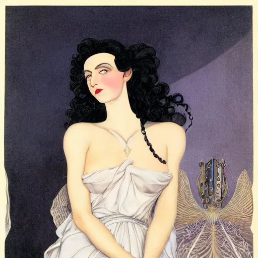 Prompt: oil painting of a portrait of a Queen dark curly hair, fair skin, by Patrick Nagel, by Georgia O Keeffe, by Gustave Moreau, art deco, matte drawing, storybook illustration, tonalism, realism, flat colors