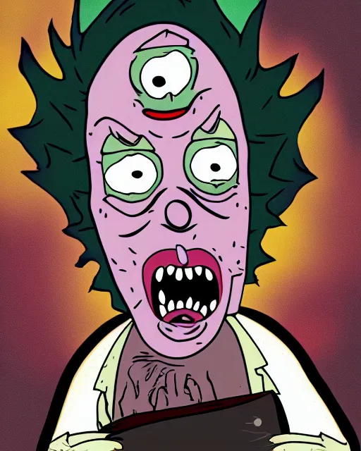Image similar to portrait of an ugly old possessed crying clown in the style of justin roiland. ugly, creepy, demonic, horror. cinematic lighting. style of rick & morty. photographic, photography. by justin roiland