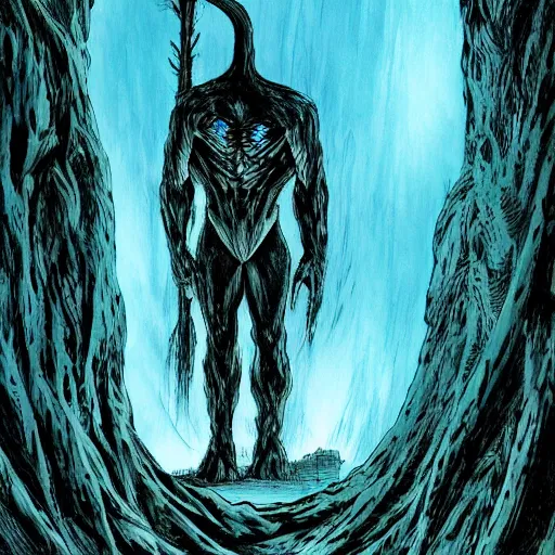 Image similar to blue by neal adams evocative, somber. a computer art of a large, looming creature with a long, snake body. many large, sharp teeth, & eyes glow. wrapped around a large tree, bent under the weight. small figure in foreground, a sword, dwarfed by the size of the creature.