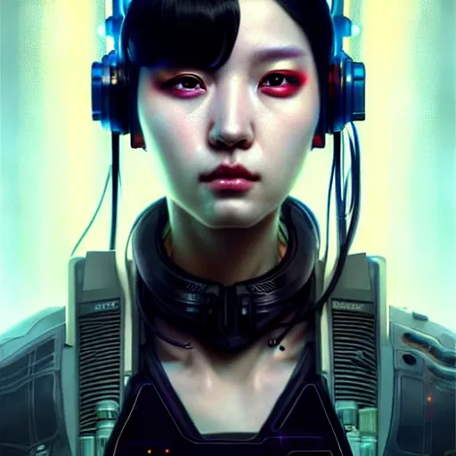 Prompt: portrait painting of a cyberpunk technician sunmi kpop, ultra realistic, concept art, intricate details, eerie, highly detailed, photorealistic, octane render, 8 k, unreal engine. art by artgerm and greg rutkowski and magali villeneuve and alphonse mucha