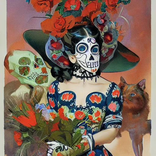 Image similar to Poster art of a cute Día de los Muertos girl by J. C. Leyendecker