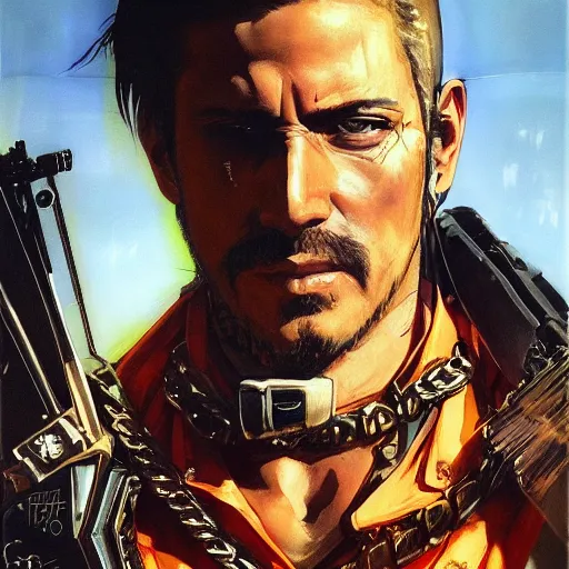 Image similar to portrait of a futuristic cowboy holding his sword in front of his face by yoji shinkawa, high quality, extra details, realism, ornate, colored, golden chain, blood, white skin, short hair, brown eyes, vivid, sunlight, dynamic, american man, freedom, white american soldier, painting