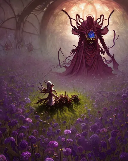 Image similar to the platonic ideal of flowers, rotting, insects and praying of cletus kasady carnage thanos davinci nazgul wild hunt chtulu mandelbulb ponyo botw bioshock, d & d, fantasy, ego death, decay, dmt, psilocybin, concept art by randy vargas and greg rutkowski and ruan jia and alphonse mucha