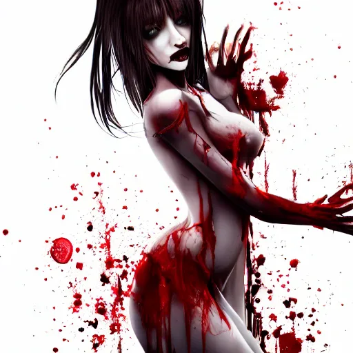 Prompt: a photorealistic pretty female slim vampire covered in blood with an extreme level of detail her body