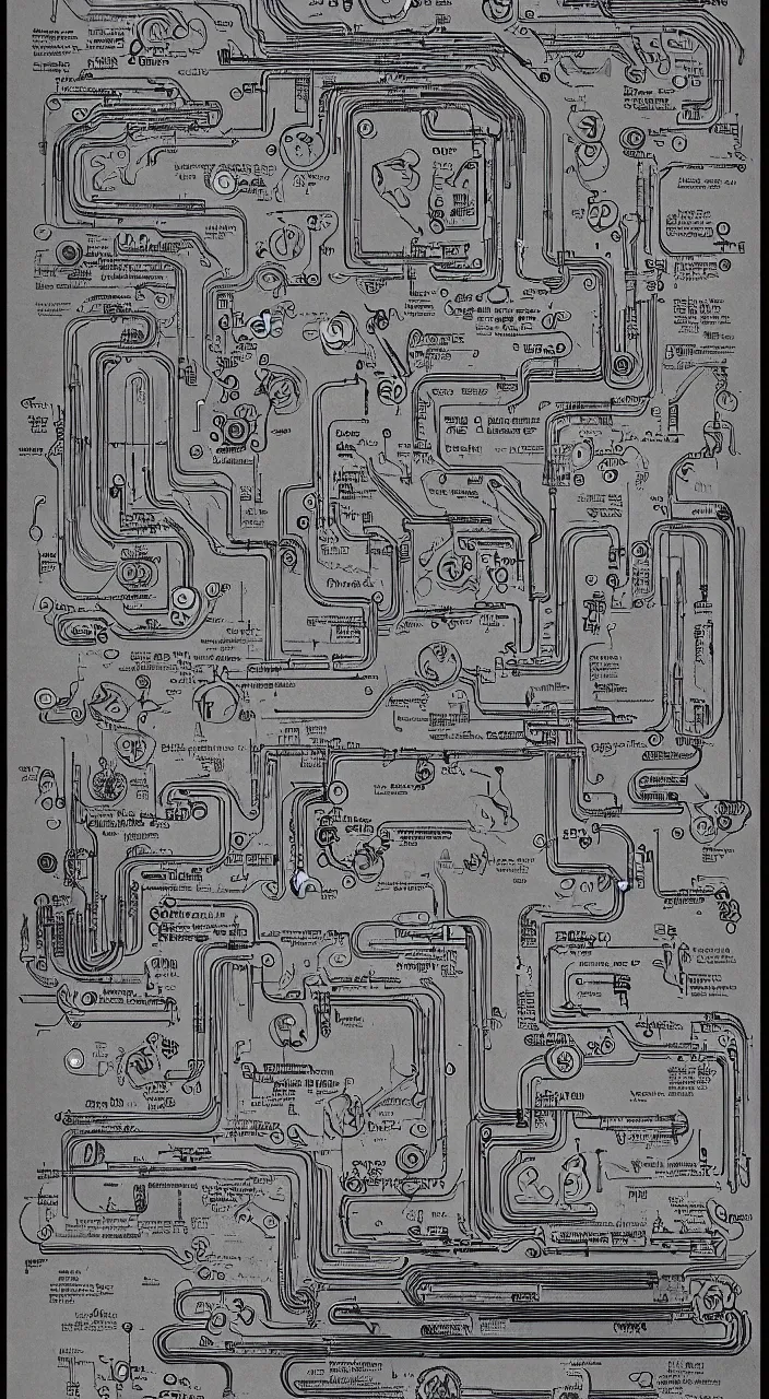 Prompt: a stream of water entering a machine made from organs and producing a coin in the style of an instruction manual, 8k