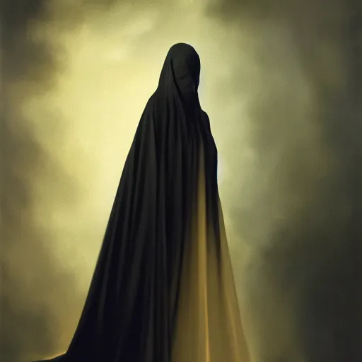 Image similar to a portrait of a young black woman wearing a long dark cloak, hood and shadows covering face, anatomically correct, beautiful perfect face, enigmatic, oil painting, matte painting, black background, Volumetric Golden dappled dynamic lighting, Highly Detailed, Cinematic Lighting, Unreal Engine, 8k, HD, by Beksinski