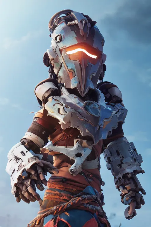 Image similar to combination suit armor aloy horizon forbidden west horizon zero dawn robot ninja mask helmet backpack tribal, aesthetic octane render, 8 k hd resolution, by ilya kuvshinov and cushart krentz and gilleard james radiating a glowing aura cgi rtx 2 0 2 2