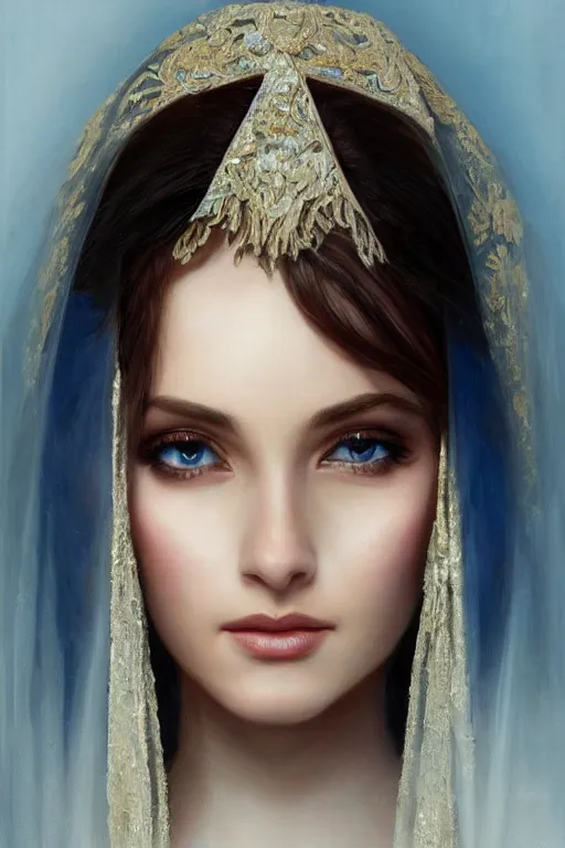 Image similar to brown ameera al taweel, bright blue eyes, long wavy black hair, white veil, front closeup, cinnamon #b57e59 skin color, elegant, highly detailed, centered, oil painting, artstation, concept art by tom bagshaw