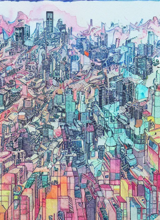 Image similar to a glitch watercolor painting of a dying utopia, in the style of james jean feint