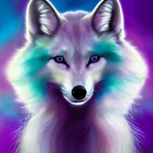 Image similar to luminescent colorful detailed airbrush painting of long haired white fox with cyan and purple gradient fur