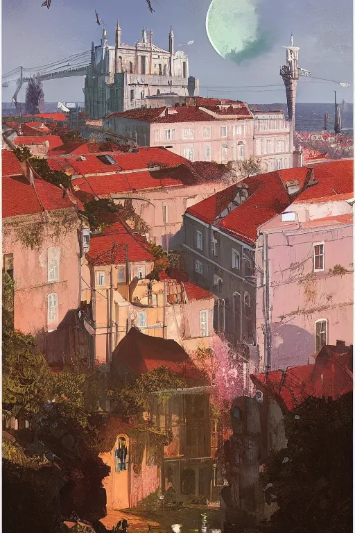 Image similar to The City of Lisbon by Beeple, grimshaw, thomas cole, ismail inceoglu, winslow homer, greg rutkowski, gerald brom, marc simonetti, simon stalenhag, anton fadeev, donglu yu