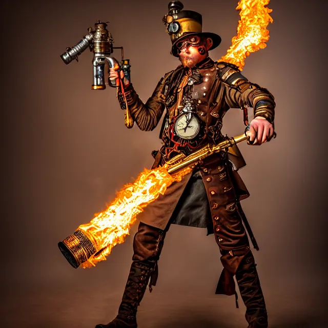 Prompt: full length photo of a steampunk warrior with a flamethrower, 8 k, hdr, smooth, sharp focus, high resolution, award - winning photo