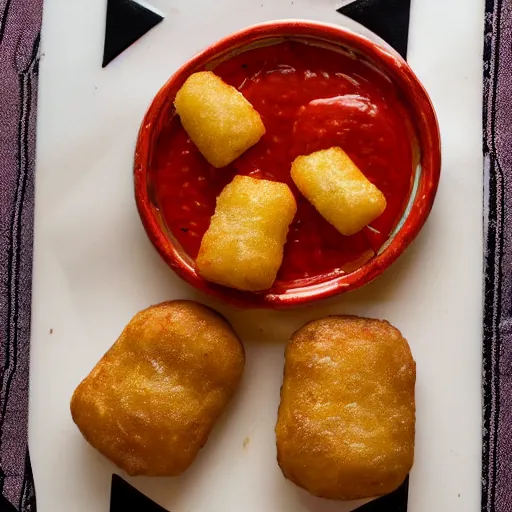 Image similar to food photo of channing tatum's face as giant tater tot on a plate with ketchup