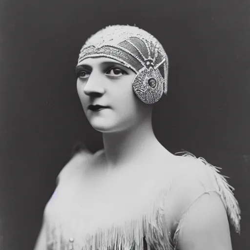 Prompt: photograph of a woman wearing flapper fashion, 1 9 2 0's, looking at the camera, aesthetic, elaborate, intricate, highly detailed, detailed face, photorealism, smooth, sharp focus, rim light, art by man ray,