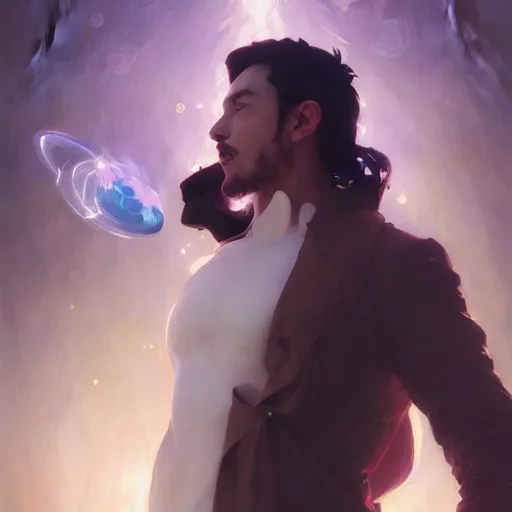 Prompt: A man drinking a cup of cosmic energy bright light, illustration by Ruan Jia and Mandy Jurgens and William-Adolphe Bouguereau, Artgerm, 4k, digital art, surreal, anime style, space dandy style, highly detailed, godsend, artstation, digital painting, concept art, smooth, sharp focus, illustration by Ruan Jia and Mandy Jurgens and William-Adolphe Bouguereau, Artgerm