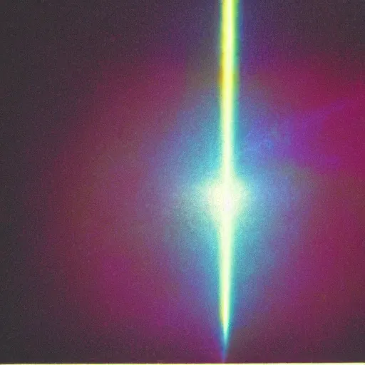 Image similar to black background, an holographic triangle being hit by a beam of light, emitting a rainbow, 1970s