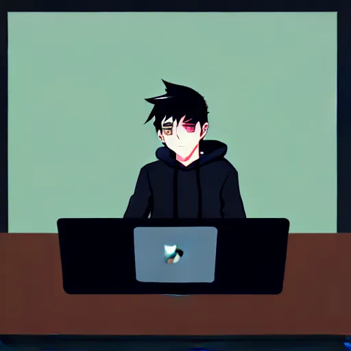 Image similar to a smart teenager boy with a black hoodie sitting behind his laptop and programming, digital art, anime style, trending on Artstation