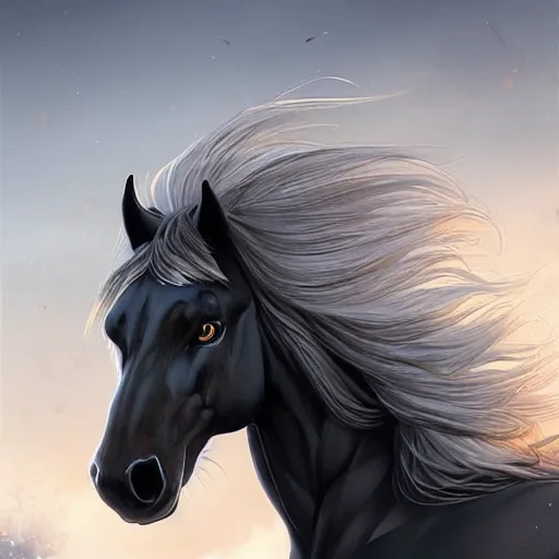 Image similar to a enormously muscled black - coated anthro horse with long white hair wearing tactical kevlar fabric, exaggerated muscle physique, highly detailed, furry, furaffinity, digital painting, artstation, sharp focus, smooth, concept art, illustration, art by artgerm, greg rutkowski, makoto shinkai