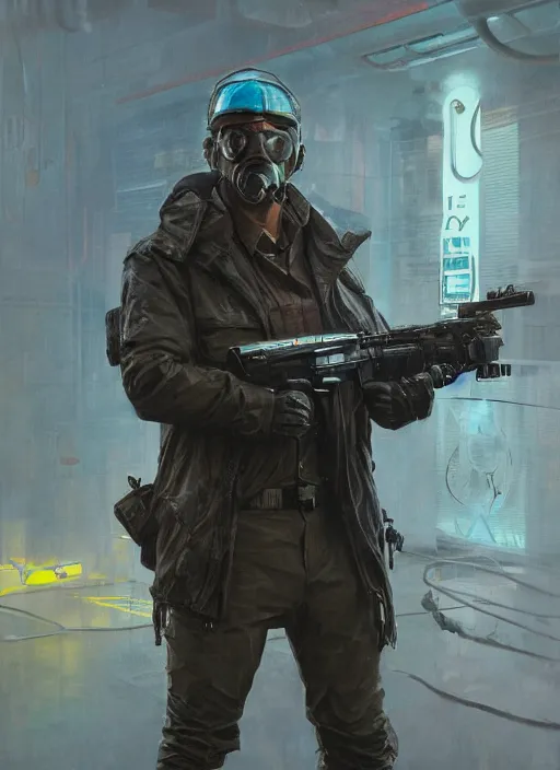 Image similar to Modern Teddy Roosevelt. Cyberpunk merc in tactical gear. plastic raincoat. blade runner 2049 concept painting. Epic painting by James Gurney, Azamat Khairov, and Alphonso Mucha. ArtstationHQ. painting with Vivid color. (rb6s, Cyberpunk 2077)