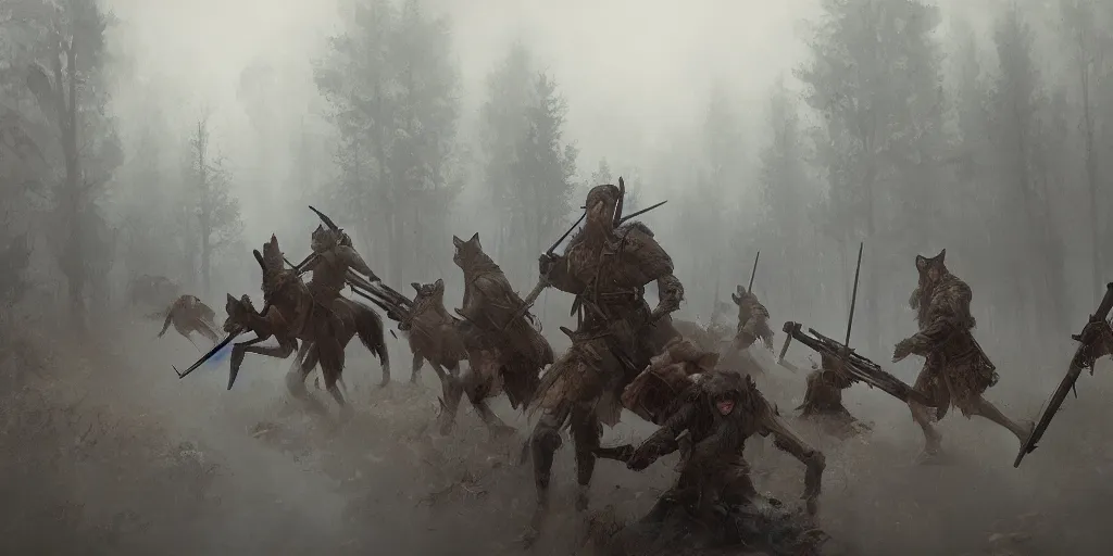 Image similar to a painting of a group of medieval villagers with rifles being attacked by 3 big wolves in a foggy dense forest by greg rutkowski, dark fantasy art, high detail, trending on artstation