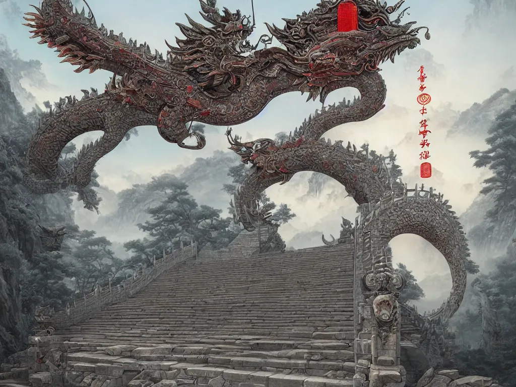 Image similar to tang dynasty shinto gate at the top of many stone steps, a chinese dragon flies behind by peter mohrbacher and dan mumford and nekro, cgsociety, volumetric light, 3 d render